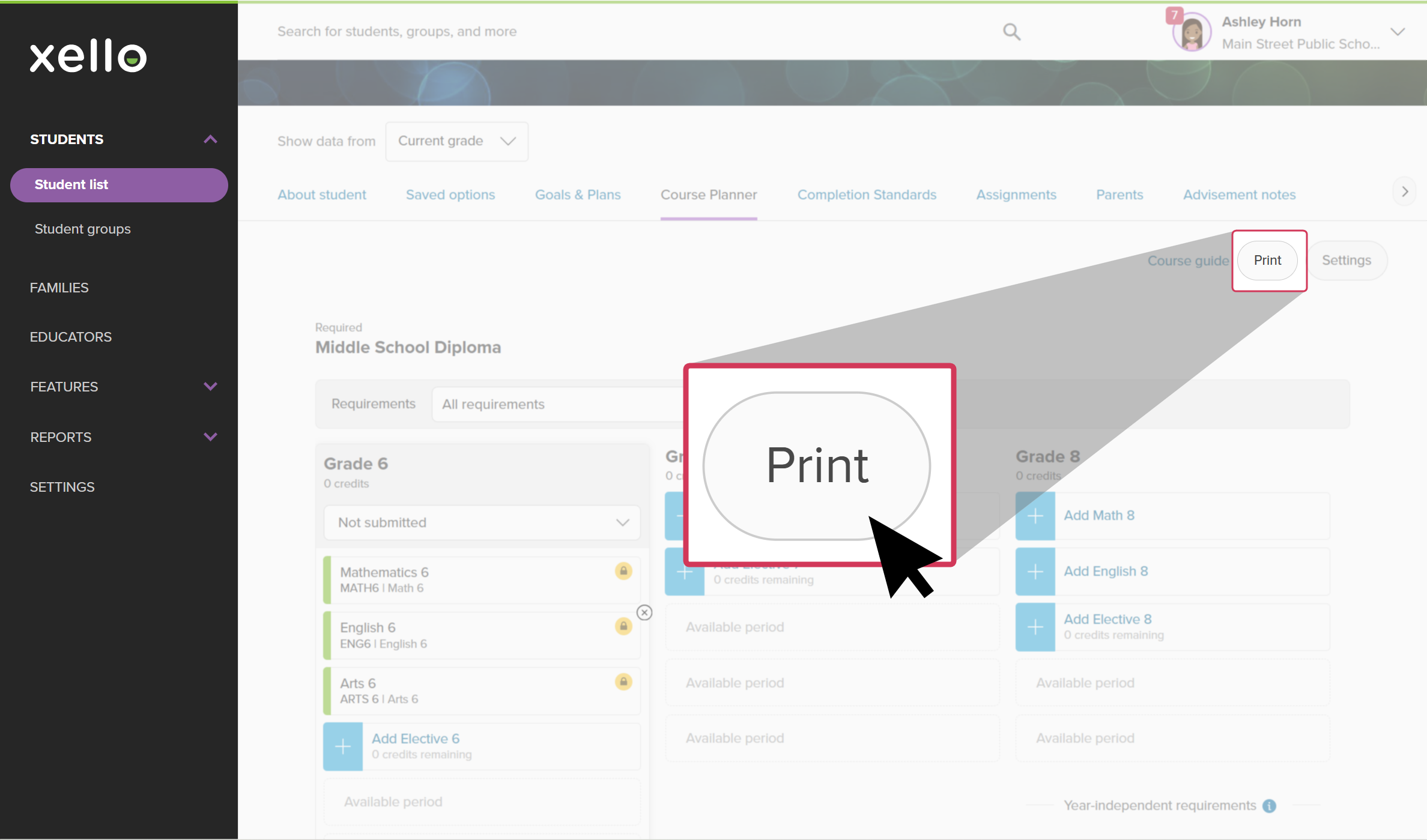 A student's profile in Xello open to the Course Planner tab. The cursor is clicking Print.